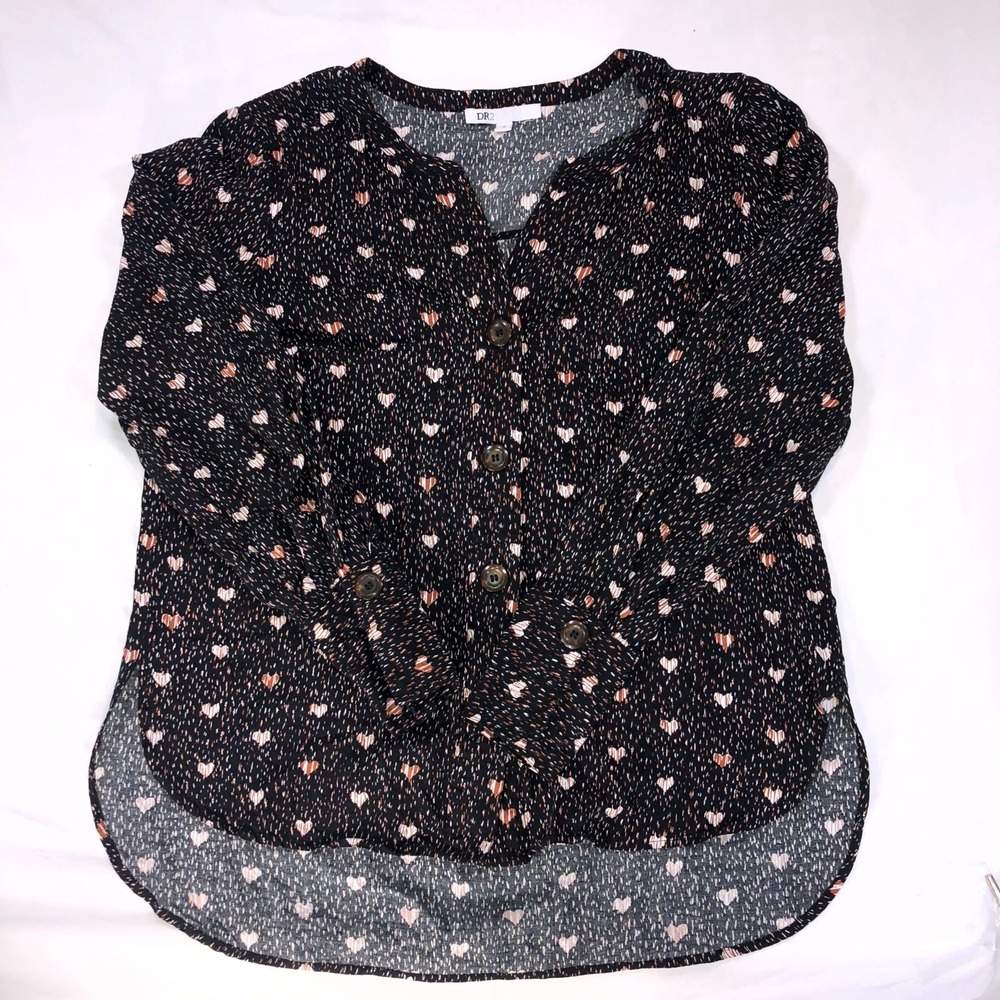DR2 Womens Blouse Top Black Heart Print Hi Low Hem Button Front DR20885RY7 M
